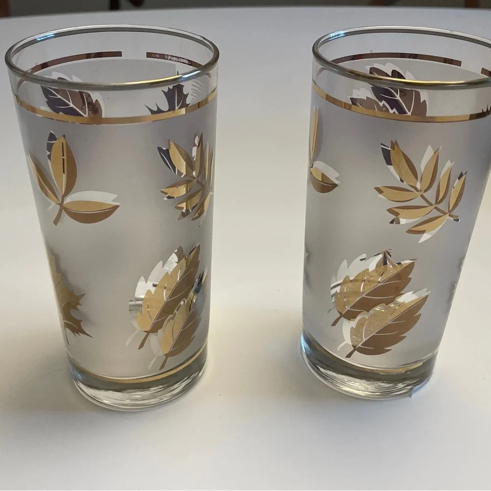 Vintage Libbey Golden Foliage Glassware Set MCM Gold Leaf Ice Bucket 7pc